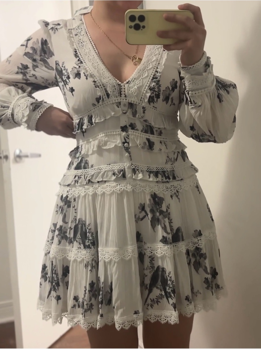 All Saints White Mini Dress with Gray Floral Print